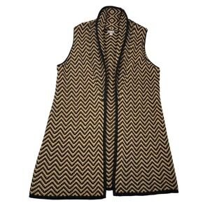 J. Jill Womens Medium Knit Open Front Cardigan Vest Tan Black Angora Blend Boho